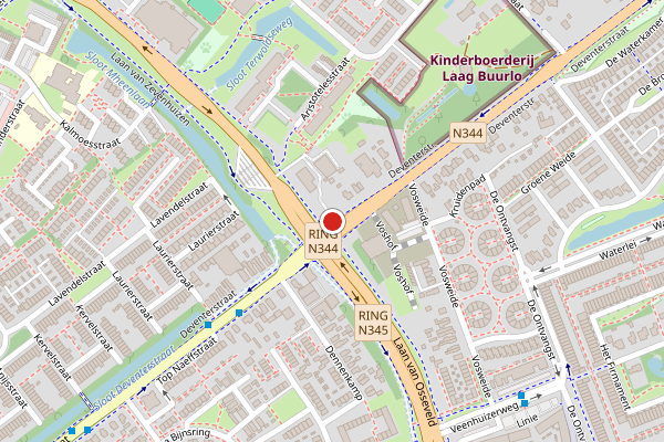 Brandweer-melding op Deventerstraat, Apeldoorn op 30 juli, kaart-overzicht